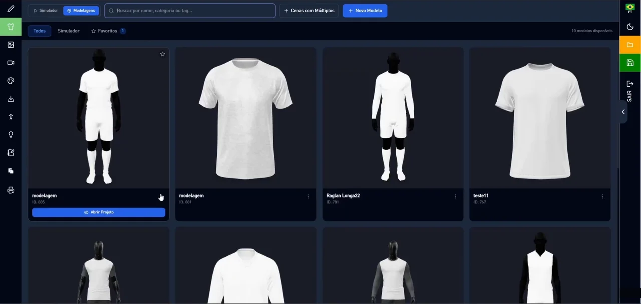 Tela de modelagens com cards de camisas e conjuntos em 3D, busca no topo e o botão Novo Modelo