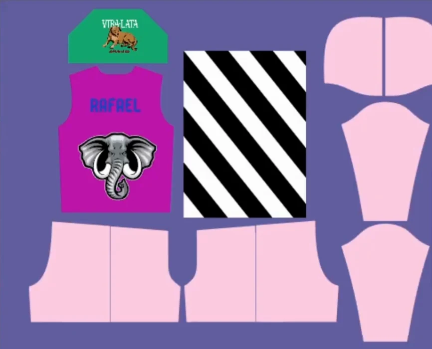 Molde planificado do moletom com as partes coloridas: listras pretas e brancas, bolso verde, costas roxas com elefante e mangas rosa