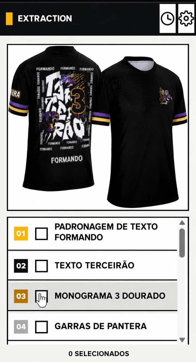 Painel do Extraction dentro do CorelDRAW: a camisa enviada pelo cliente e a lista de elementos detectados: padronagem de texto Formando, texto Terceirão, monograma 3 dourado e garras de pantera